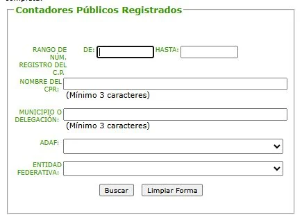 Empty public SAT Contadores Públicos Registrados search form with registration, name and location criteria.