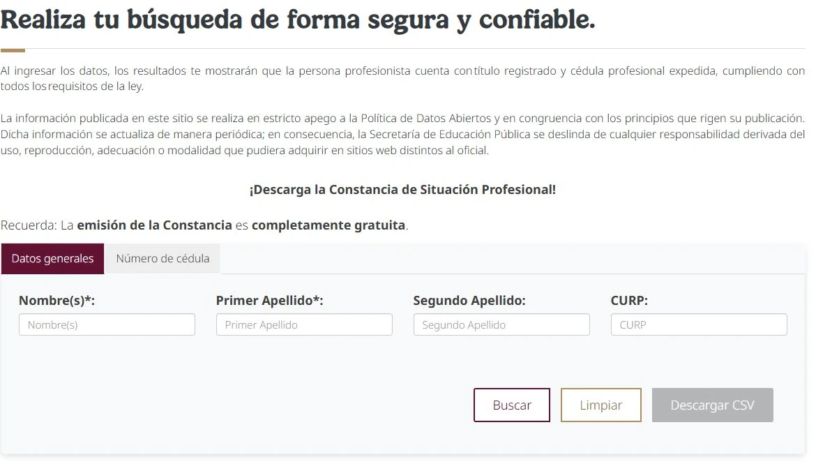 Empty official SEP professional-license search form with general-data and license-number tabs.
