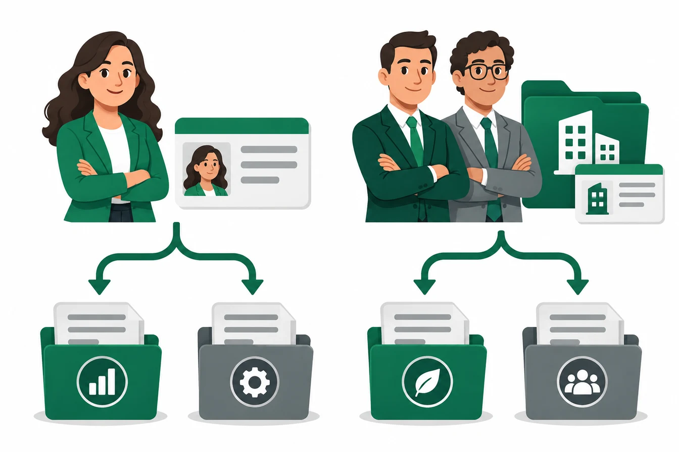 Educational illustration distinguishing an individual taxpayer and a company from the tax and administrative folders attached to each.