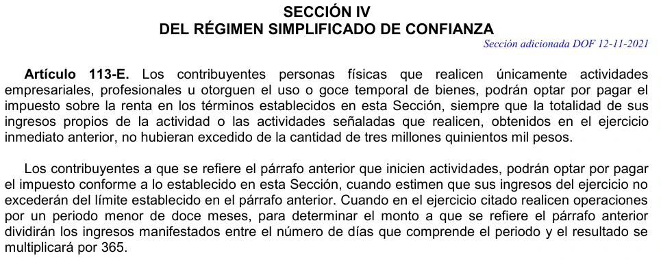Original Spanish LISR article 113-E paragraphs on the prior-year income limit and starting activities.
