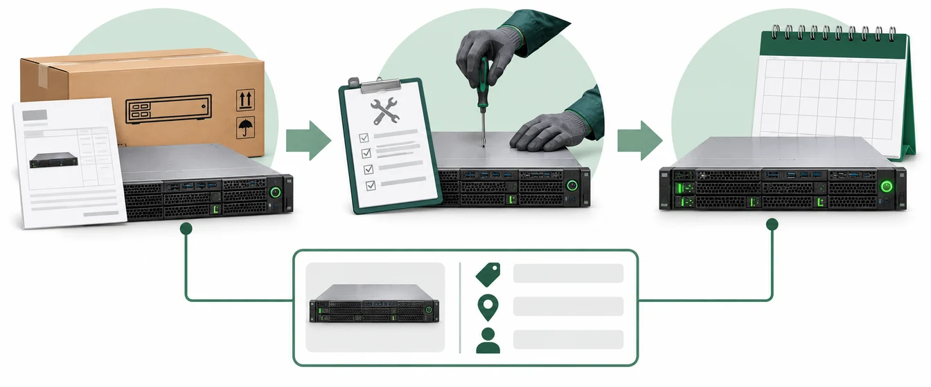 Educational illustration linking the same server to purchase, installation, first use and an asset record with identity, location and custodian icons.
