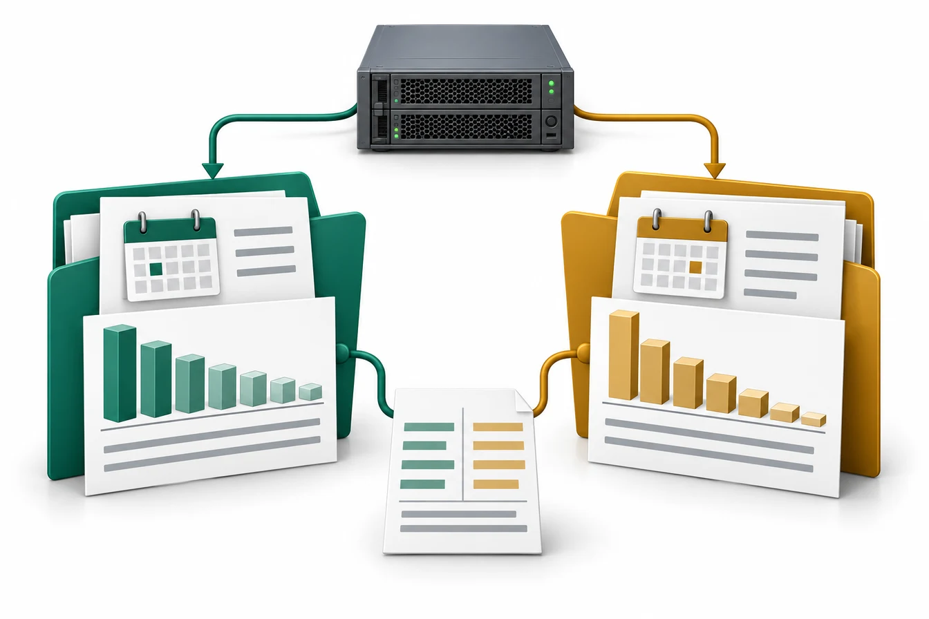 Educational illustration branching one server into separate accounting and tax schedules with a reconciliation sheet.