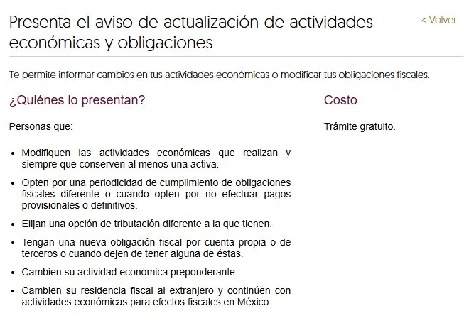 Ficha pública SAT de actualización de actividades económicas y obligaciones con supuestos del aviso.