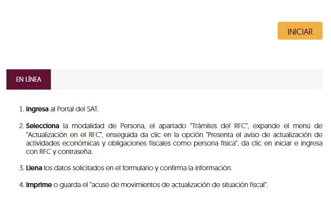 Public SAT individual activities-and-obligations page with INICIAR and instructions to preserve the update acknowledgment.