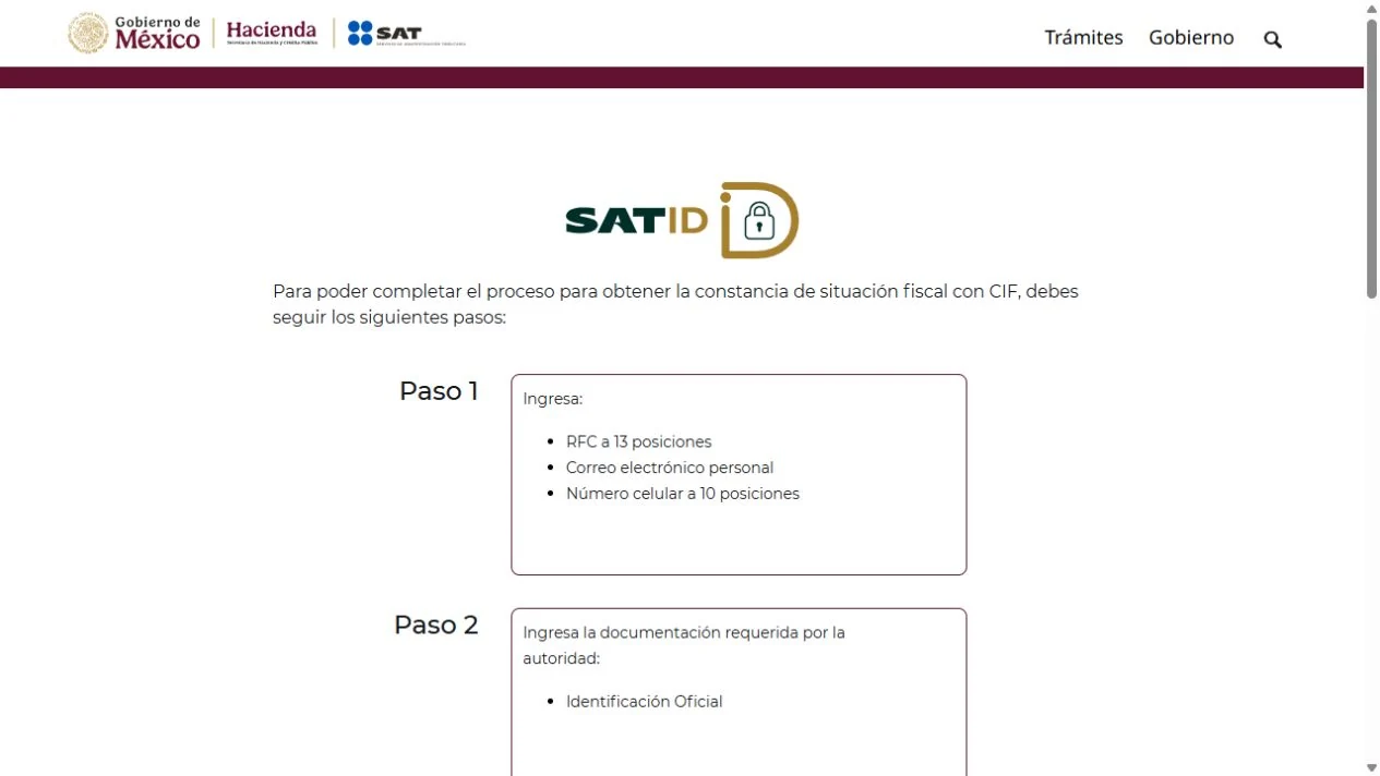 SAT ID initial requirements for the certificate with CIF: RFC, email, mobile number and identification.