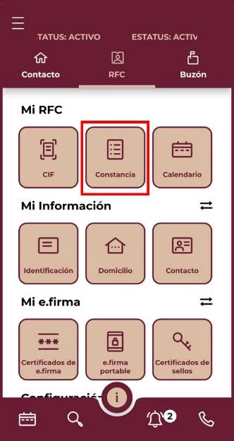SAT Móvil Mi RFC screen with the Constancia button highlighted between CIF and Calendario.