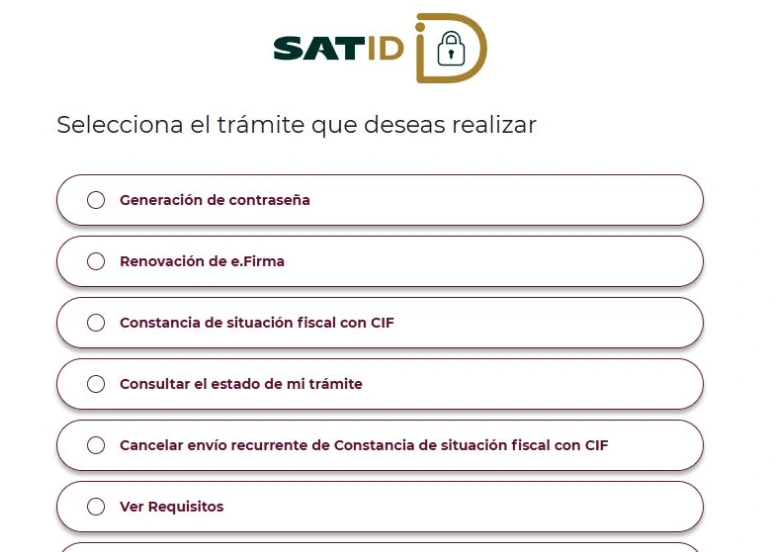 SAT ID with separate Generación de contraseña and Renovación de e.Firma options.