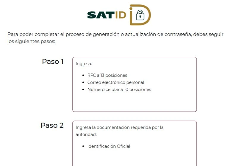 Public SAT ID Password requirements showing RFC, personal email, mobile number and official identification.