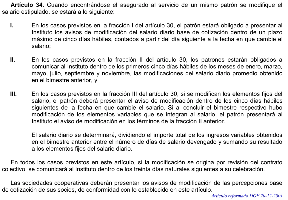 Artículo 34 completo de la Ley del Seguro Social con los plazos de avisos de modificación del salario diario base de cotización.