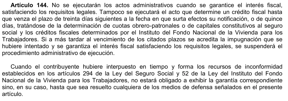 Original Spanish CFF article 144 beginning with its first two complete paragraphs and the IMSS and Infonavit exception.