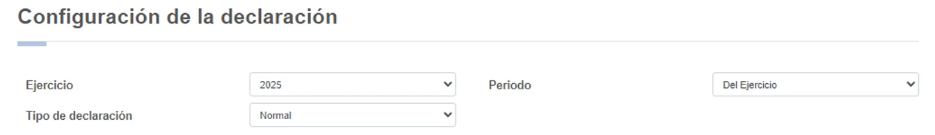 Official SAT corporate annual-return configuration example selecting fiscal year 2025, Del Ejercicio and Normal.