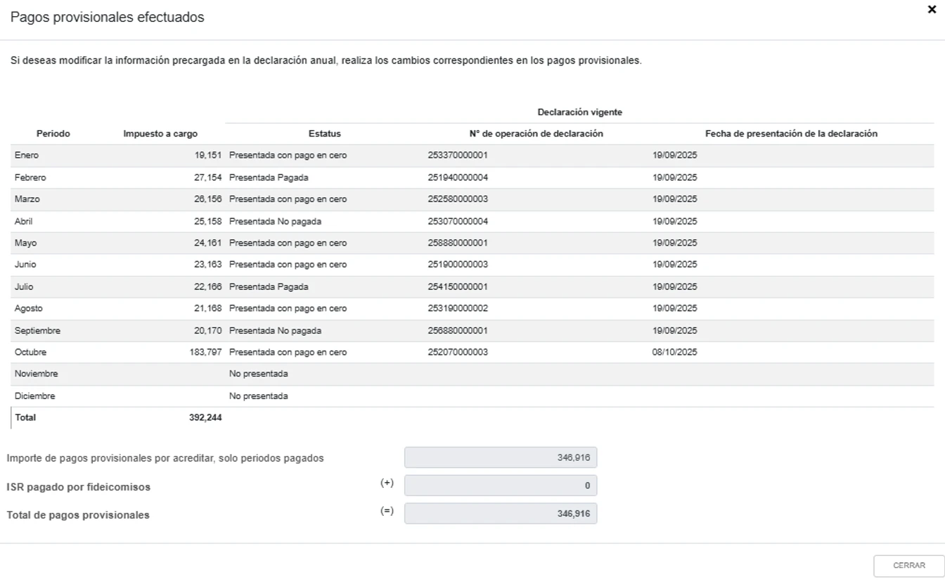 Official SAT corporate annual-return example listing provisional-payment periods, statuses, operation numbers and filing dates.