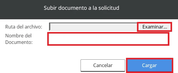 Modal oficial del FED para elegir archivo con Examinar, indicar Nombre del Documento y Cargar.