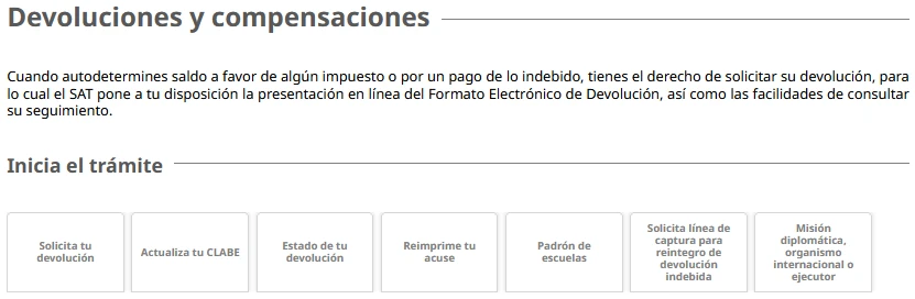 Menú Devoluciones y compensaciones del SAT con Estado de tu devolución y Reimprime tu acuse.