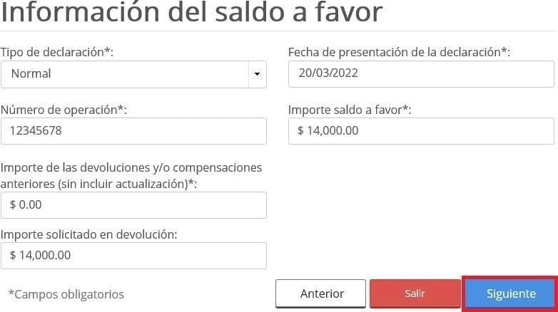 Información del saldo a favor en el ejemplo oficial del FED, con declaración, fecha, operación e importe solicitado.