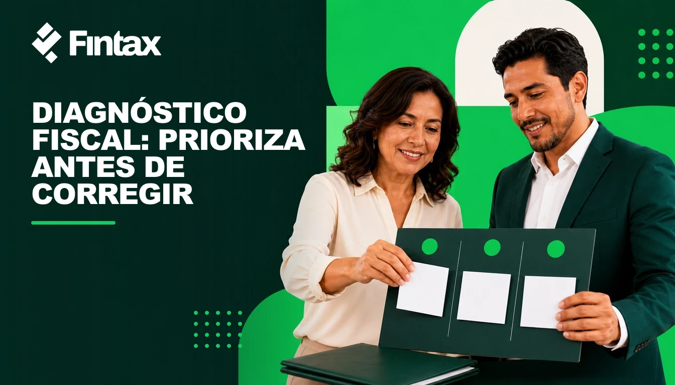 Asesora mostrando a un empresario un diagnóstico fiscal priorizado con plan de acción.
