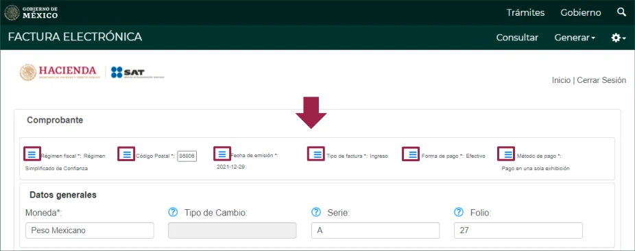 SAT invoice screen with payment form and method, currency, exchange rate, series and folio.