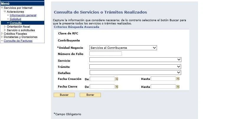 Mi Portal, Aclaraciones / Consulta, con campos Número de Folio, fechas de creación y cierre y botón Buscar.