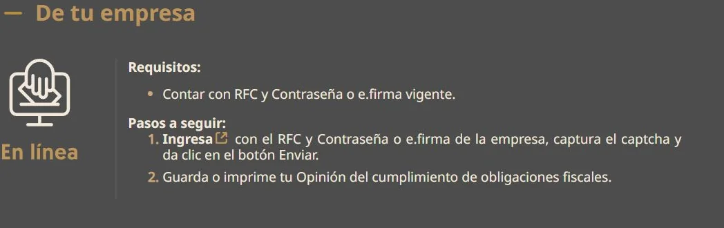 Apartado De tu empresa del SAT con enlace Ingresa, acceso con el RFC de la empresa y opción de guardar la opinión.