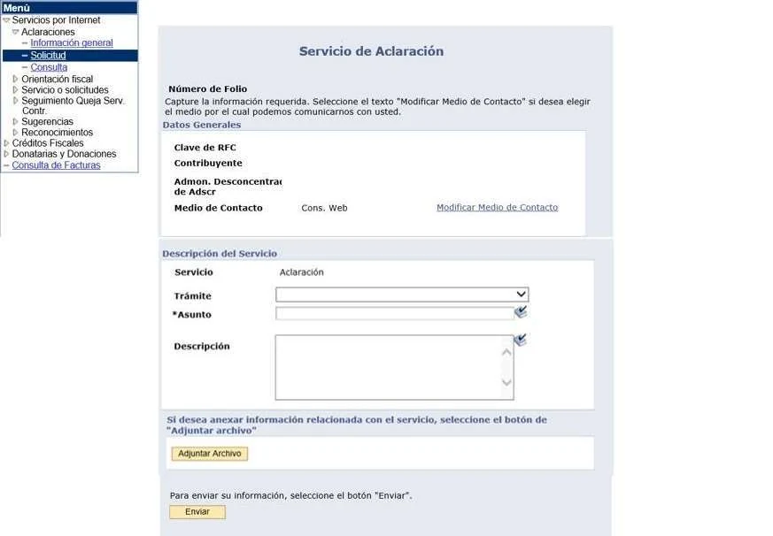 Mi Portal muestra Aclaraciones, Solicitud y los campos Trámite, Asunto, Descripción y Adjuntar Archivo.