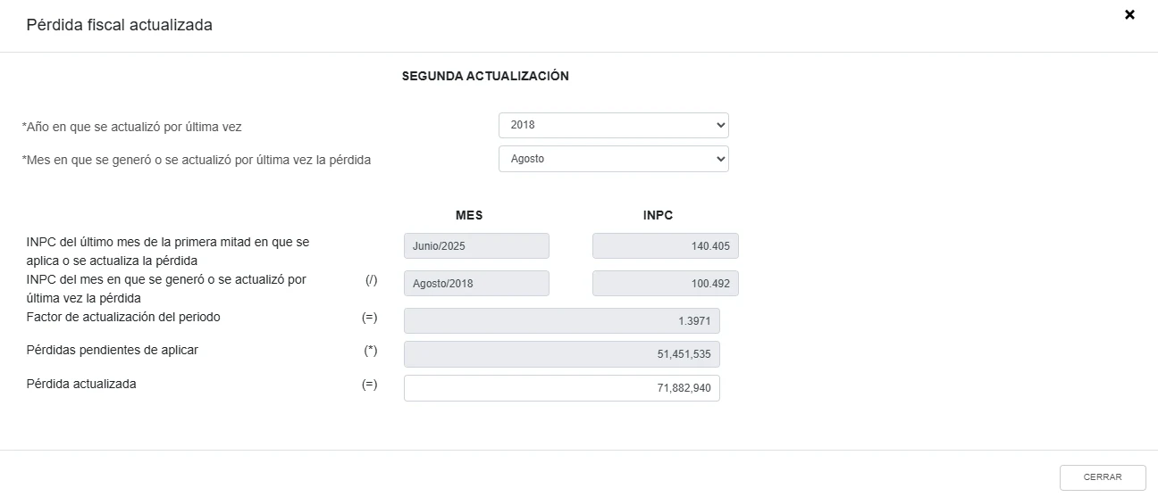 SAT Segunda actualización window showing August 2018 and June 2025 INPC, the update factor and example result.