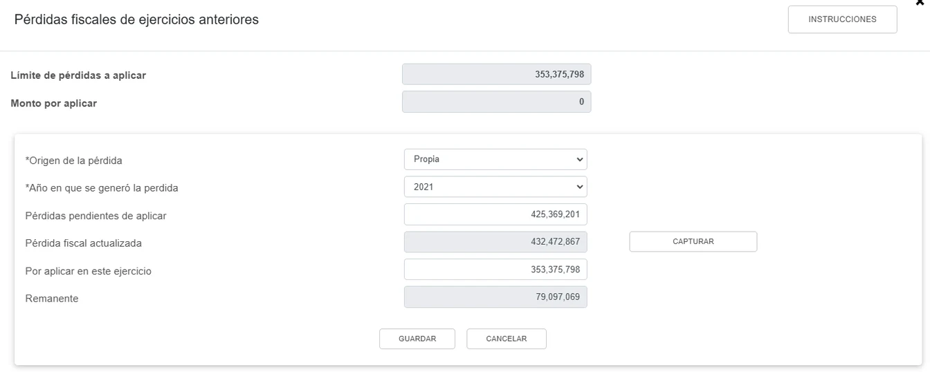 SAT manual loss-history window with origin, year, unused amount, updated loss, amount applied and remaining balance.