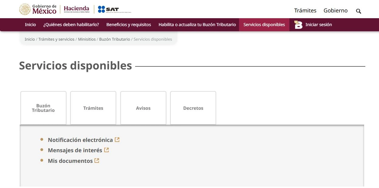 Servicios públicos SAT del Buzón Tributario con enlaces a Notificación electrónica y Mensajes de interés.