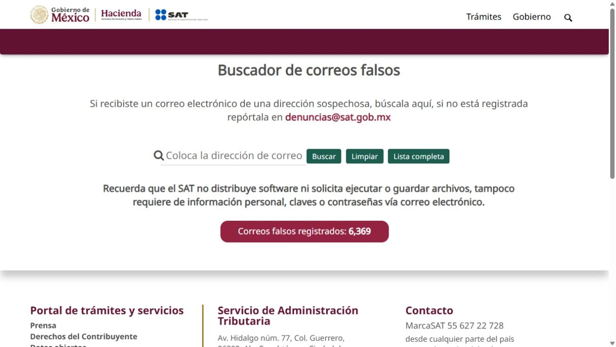 Buscador oficial SAT de direcciones de correo falsas con campo para remitente.