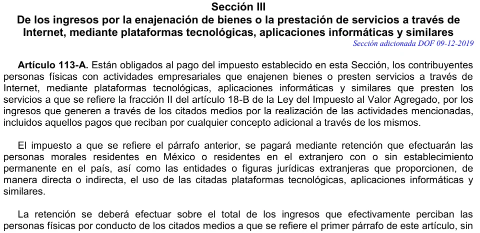 Inicio del artículo 113-A LISR sobre ingresos mediante plataformas y retención sobre cobros efectivos.