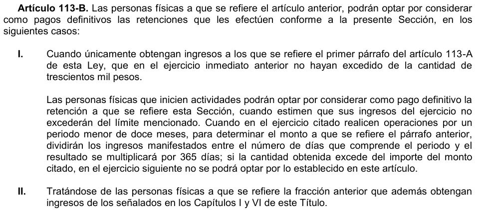 Introducción y fracciones I y II del artículo 113-B LISR con elegibilidad de retenciones definitivas.