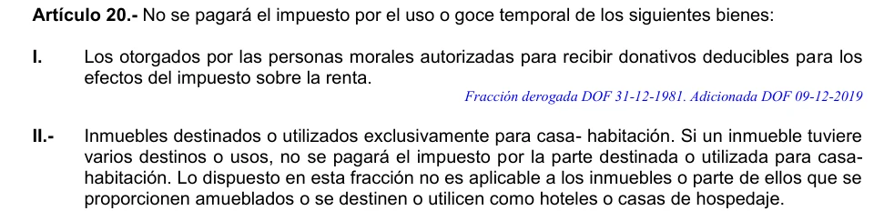Inicio del artículo 20 LIVA con fracción II completa sobre casa habitación y exclusión de inmuebles amueblados y hospedaje.