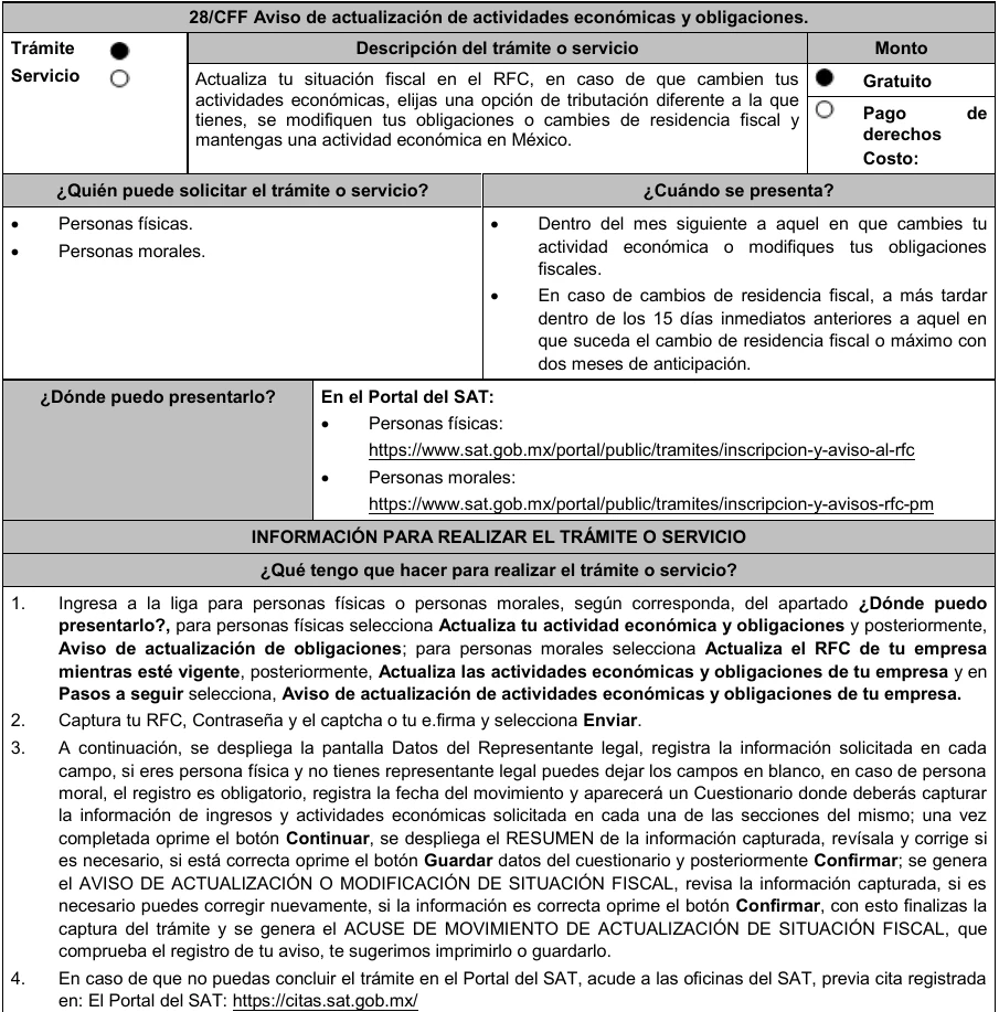 Ficha 28/CFF original RMF 2026: descripción, plazo y primeros cuatro pasos del aviso de actividades y obligaciones.