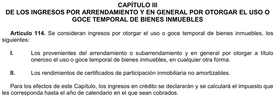 Artículo 114 LISR completo: ingresos de arrendamiento y momento de declaración de ingresos en crédito.