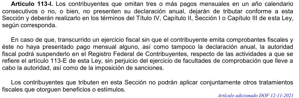 Complete original Spanish LISR article 113-I on three omitted monthly payments and related obligations.