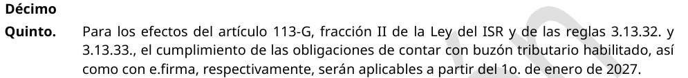 Original Spanish fifteenth transitional provision of the compiled RMF 2026 on e.firma and Buzón Tributario.