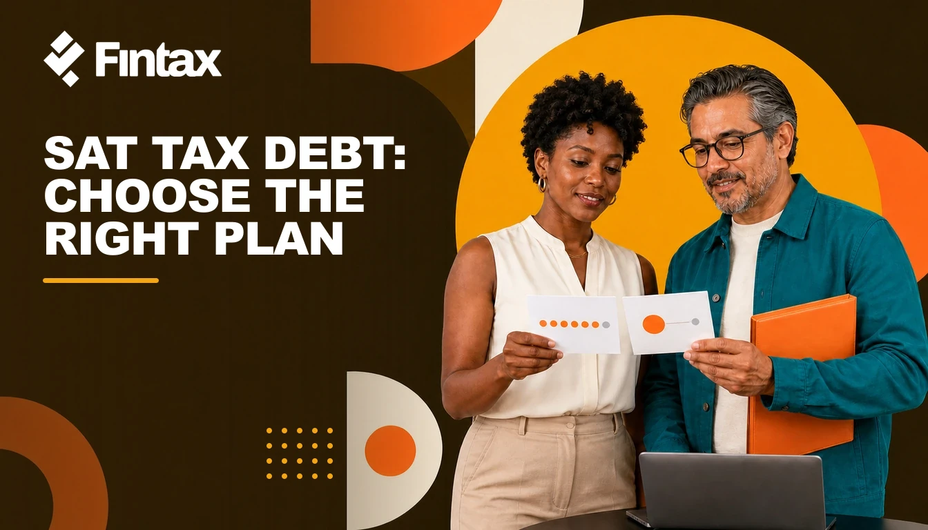 Business owner and Mexican tax adviser comparing a monthly SAT installment schedule with a deferred payment.