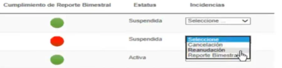 Historical official IMSS SIROC incident menu for a suspended work with Cancelación, Reanudación and Reporte Bimestral options.