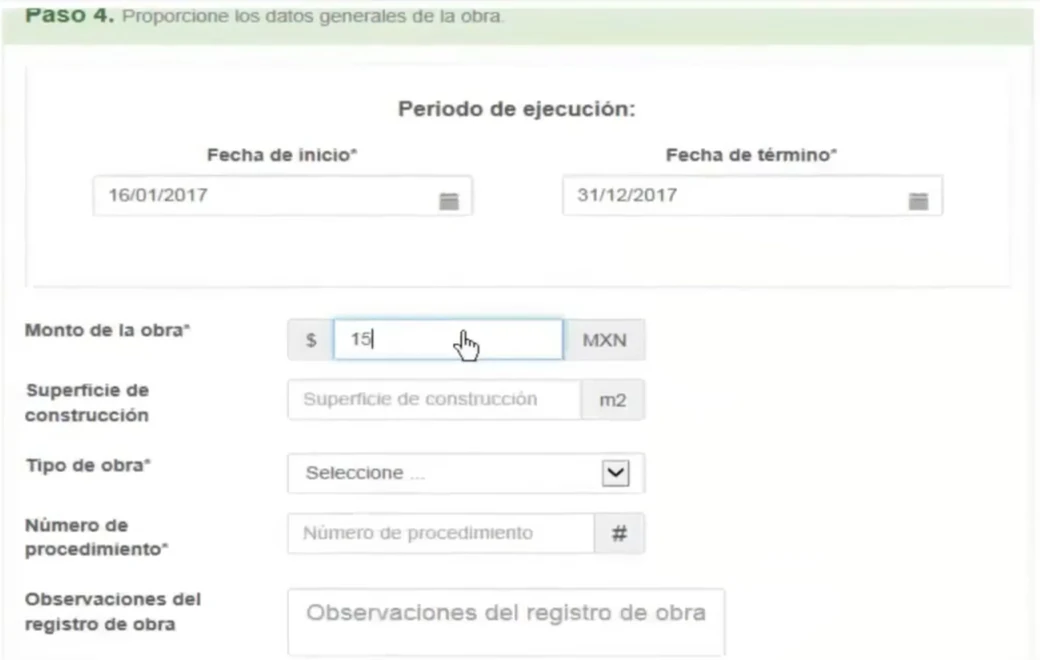 Historical official IMSS SIROC Paso 4 example with start and end dates, work amount, surface, work type and observations.