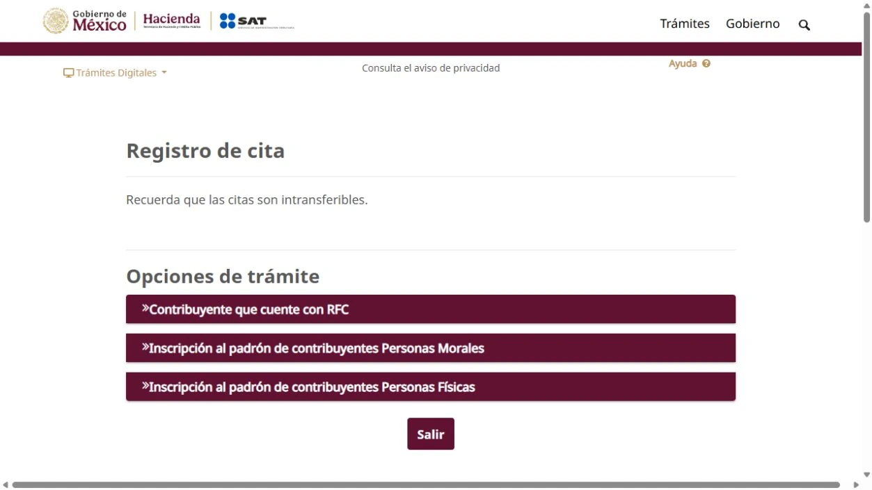 Registro de Citas SAT con opción Contribuyente que cuente con RFC e inscripción de personas físicas o morales.