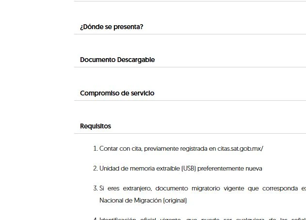Requisitos oficiales para obtener la e.firma por primera vez: cita, USB, identificación y comprobante de domicilio.