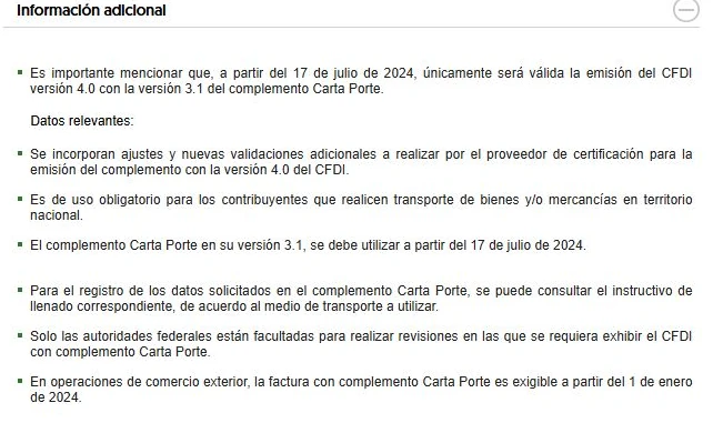 SAT Carta Porte Información adicional stating CFDI 4.0 with complement version 3.1.