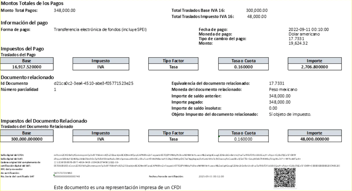 SAT payment-complement example showing payment date, related UUID, installment, paid amount, balances and VAT breakdown.