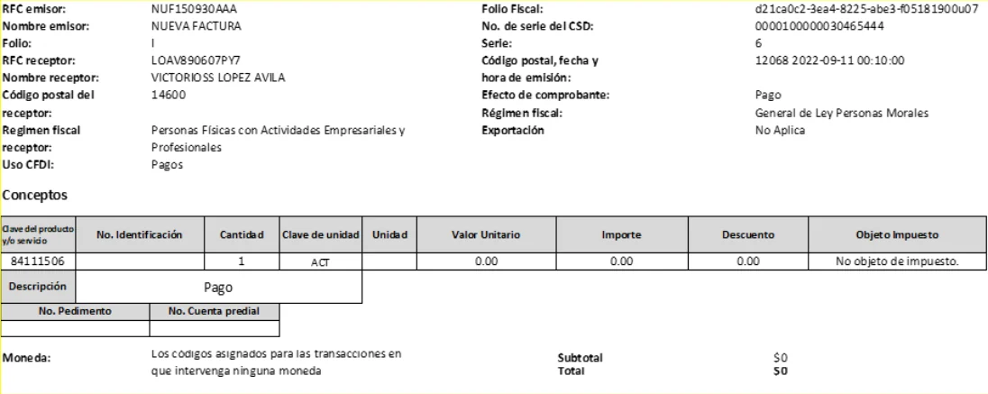 Ejemplo oficial SAT de un CFDI de tipo Pago, con uso Pagos y total cero.