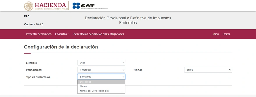 Configuración SAT de ejercicio, periodicidad mensual, periodo y tipo de declaración normal