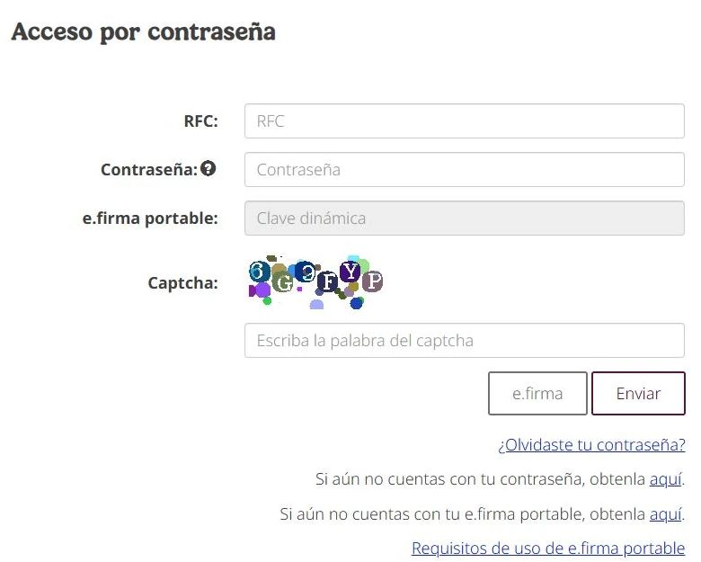 Real public DIOT access screen with empty RFC, Password and CAPTCHA fields and e.firma and Enviar controls.