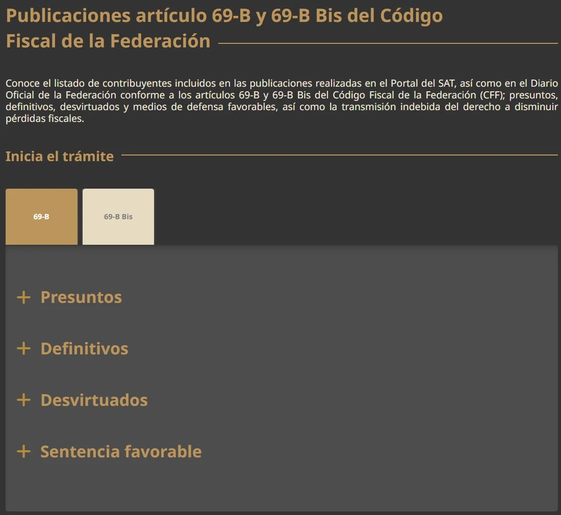 Portal SAT con la pestaña 69-B seleccionada y categorías Presuntos, Definitivos, Desvirtuados y Sentencia favorable.
