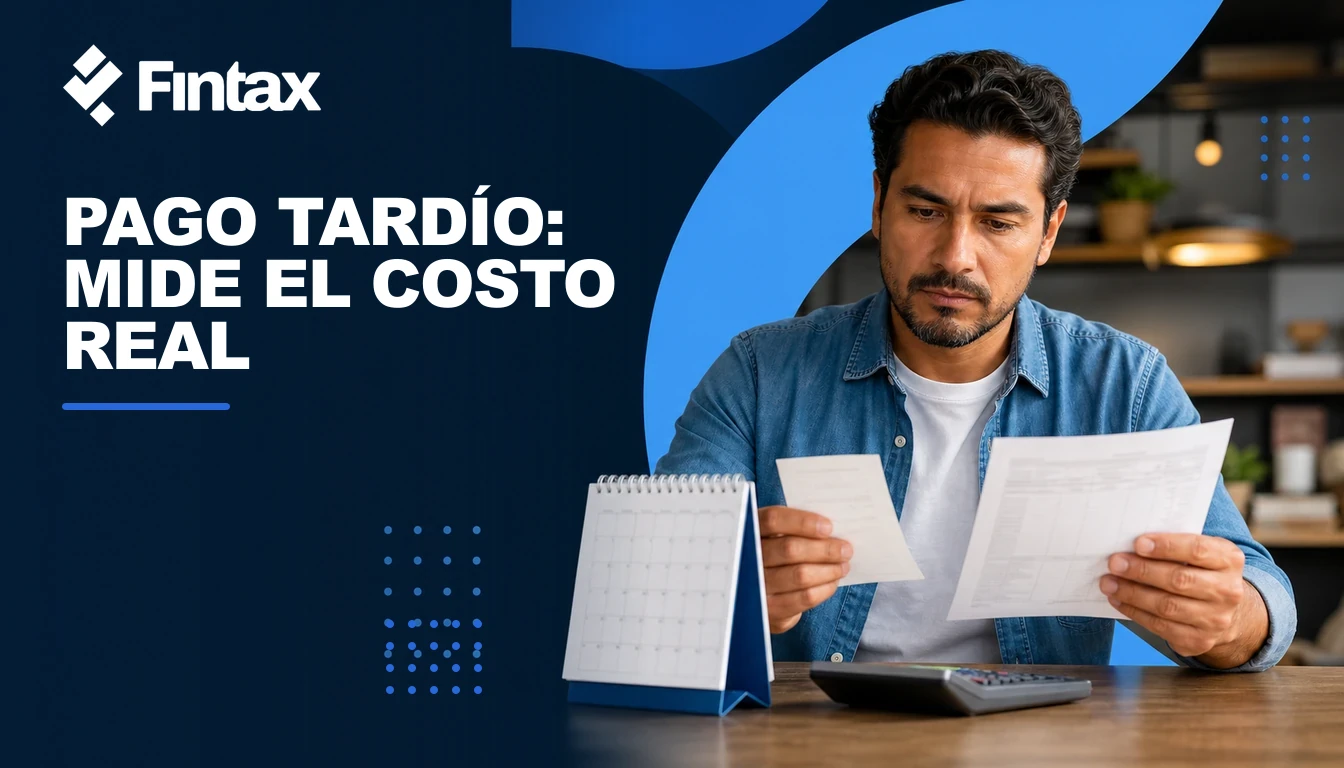 Empresario comparando impuesto, actualización, recargos y pago tardío.