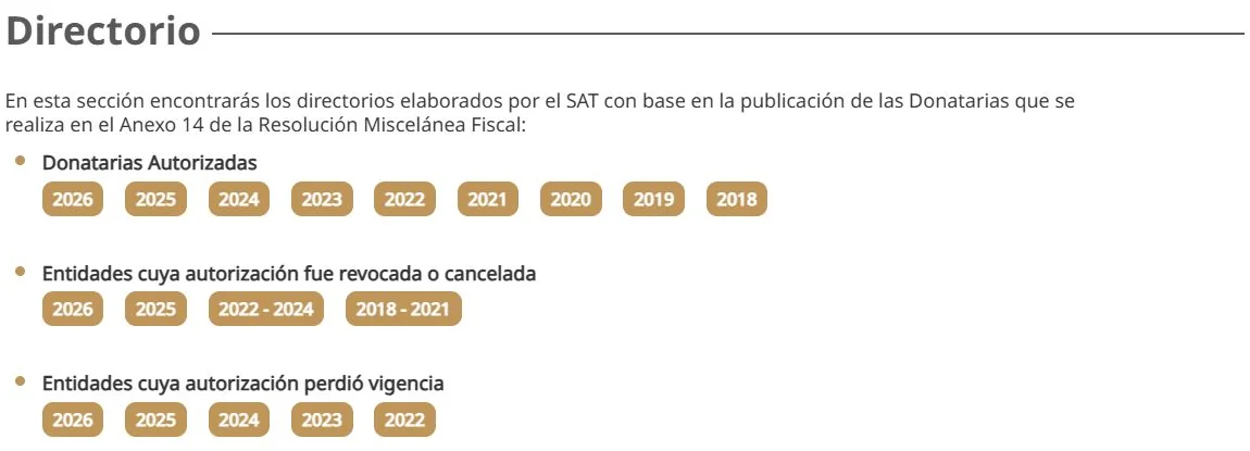 Directorio SAT con enlaces 2026 para donatarias autorizadas, autorización revocada o cancelada y pérdida de vigencia.