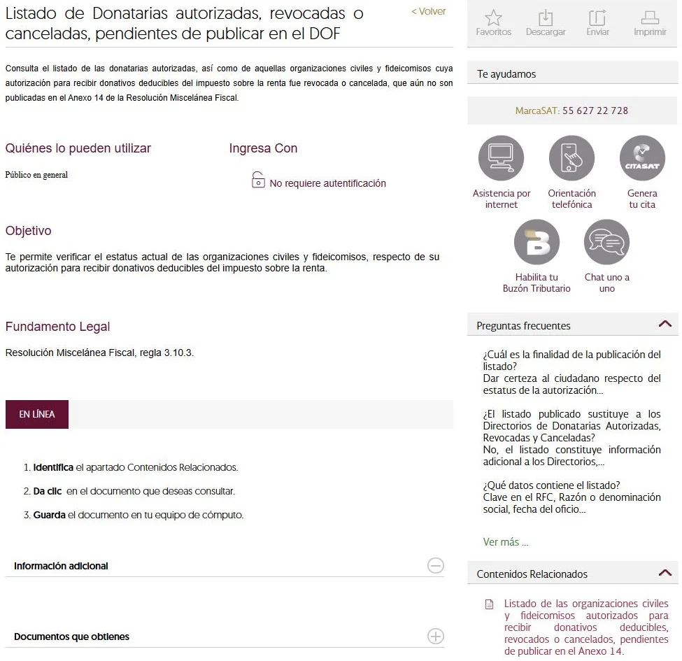 Ficha SAT de donatarias pendientes de publicar en el DOF con pasos de descarga y enlace en Contenidos Relacionados.