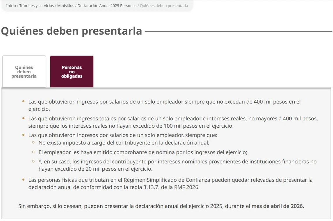 SAT Anual 2025, Personas no obligadas, menciona el relevo RESICO según regla 3.13.7 de RMF 2026 y abril de 2026.